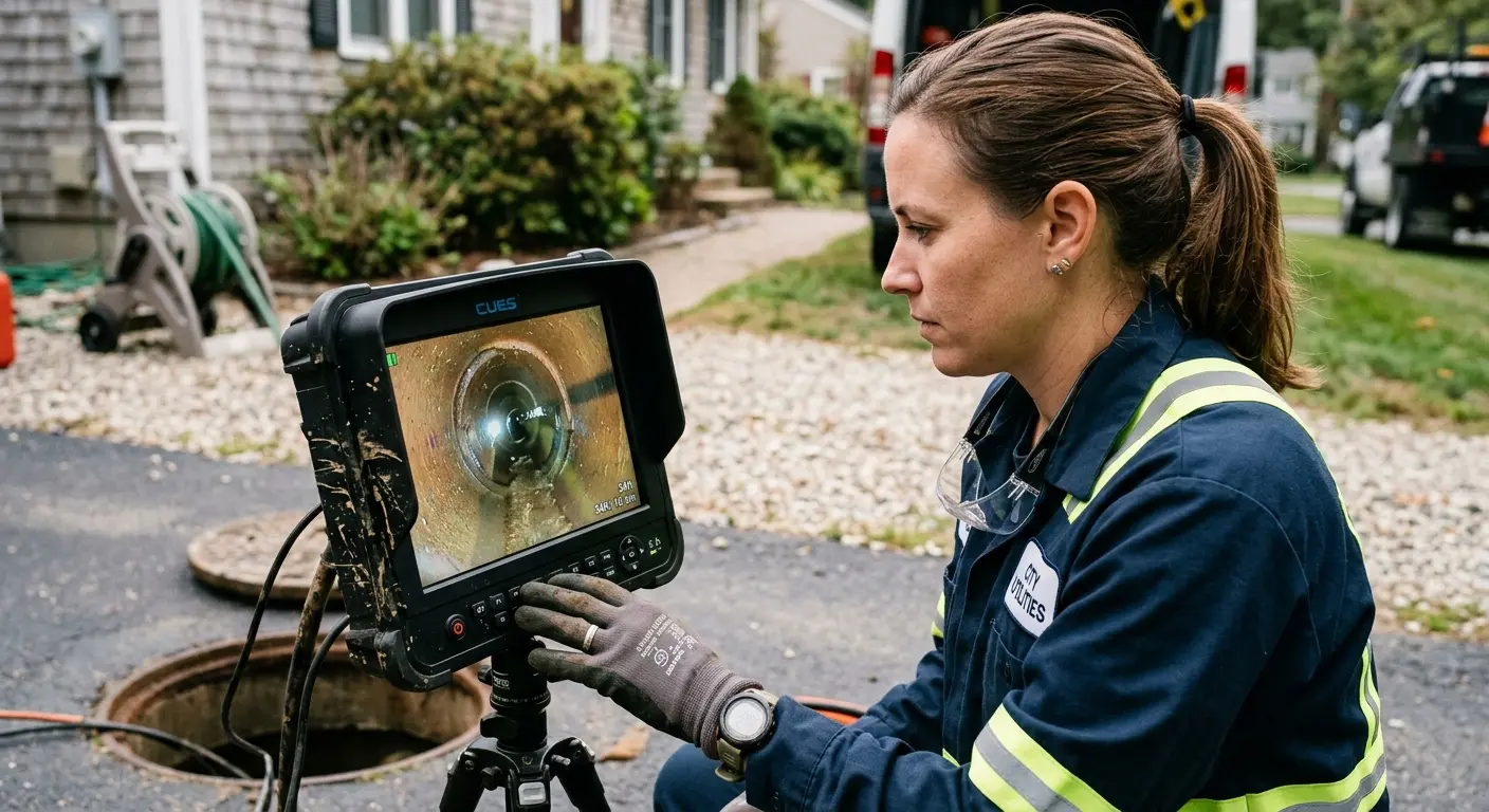 Technician reviewing sewer camera inspection footage in Hayesville