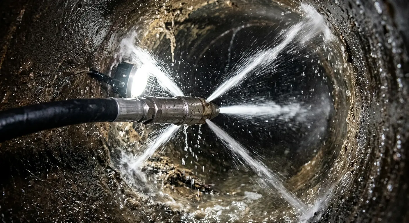 High-pressure hydro jetting nozzle cleaning sewer pipe for Sewer Cleanout in Hayesville