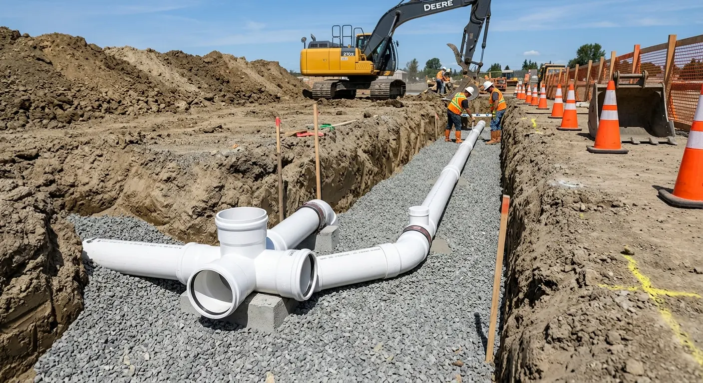 New PVC sewer pipe installation in open trench for Commercial Drain Cleaning in Hayesville