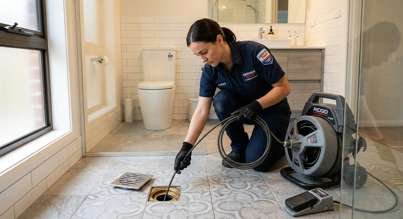 Technician clearing a bathroom floor drain for Clogged Drain Repair in Hayesville
